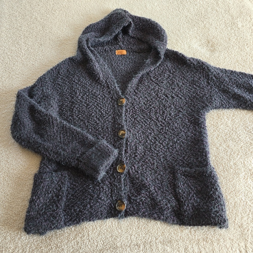 POL Fuzzy Knit Hooded Cardigan Sweater Gray Button Front Boho-chic Grandpacore L
